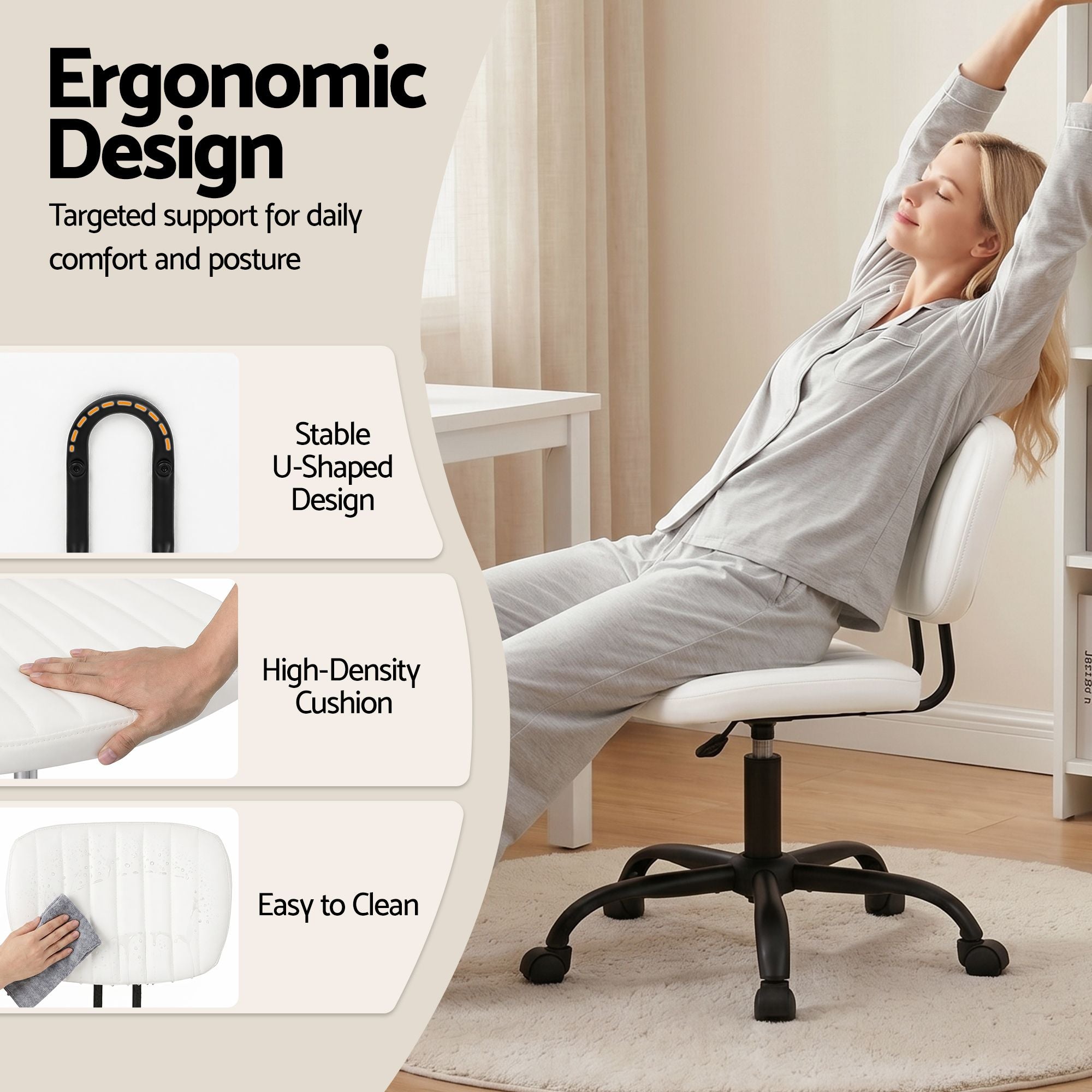 Artiss Armless Office Chair with Wheels, Ergonomic PU Leather Office Desk Chair, Height Adjustable 360Â° Swivel Computer Task Chair for Home Office, Study Room & Small Space, White