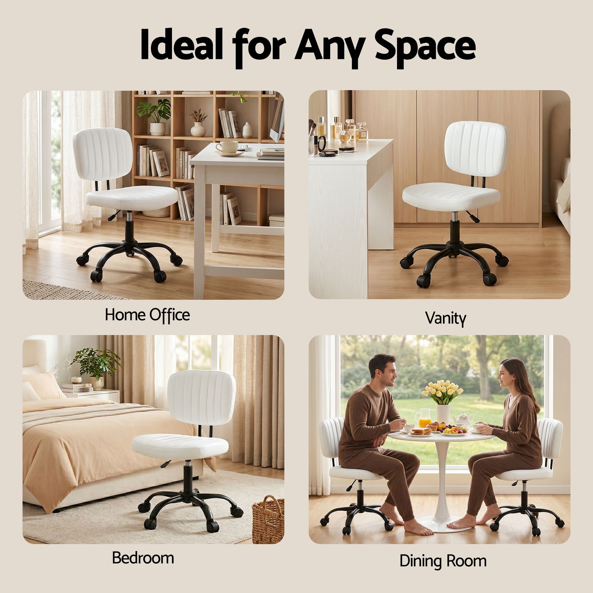 Artiss Armless Office Chair with Wheels, Ergonomic PU Leather Office Desk Chair, Height Adjustable 360Â° Swivel Computer Task Chair for Home Office, Study Room & Small Space, White