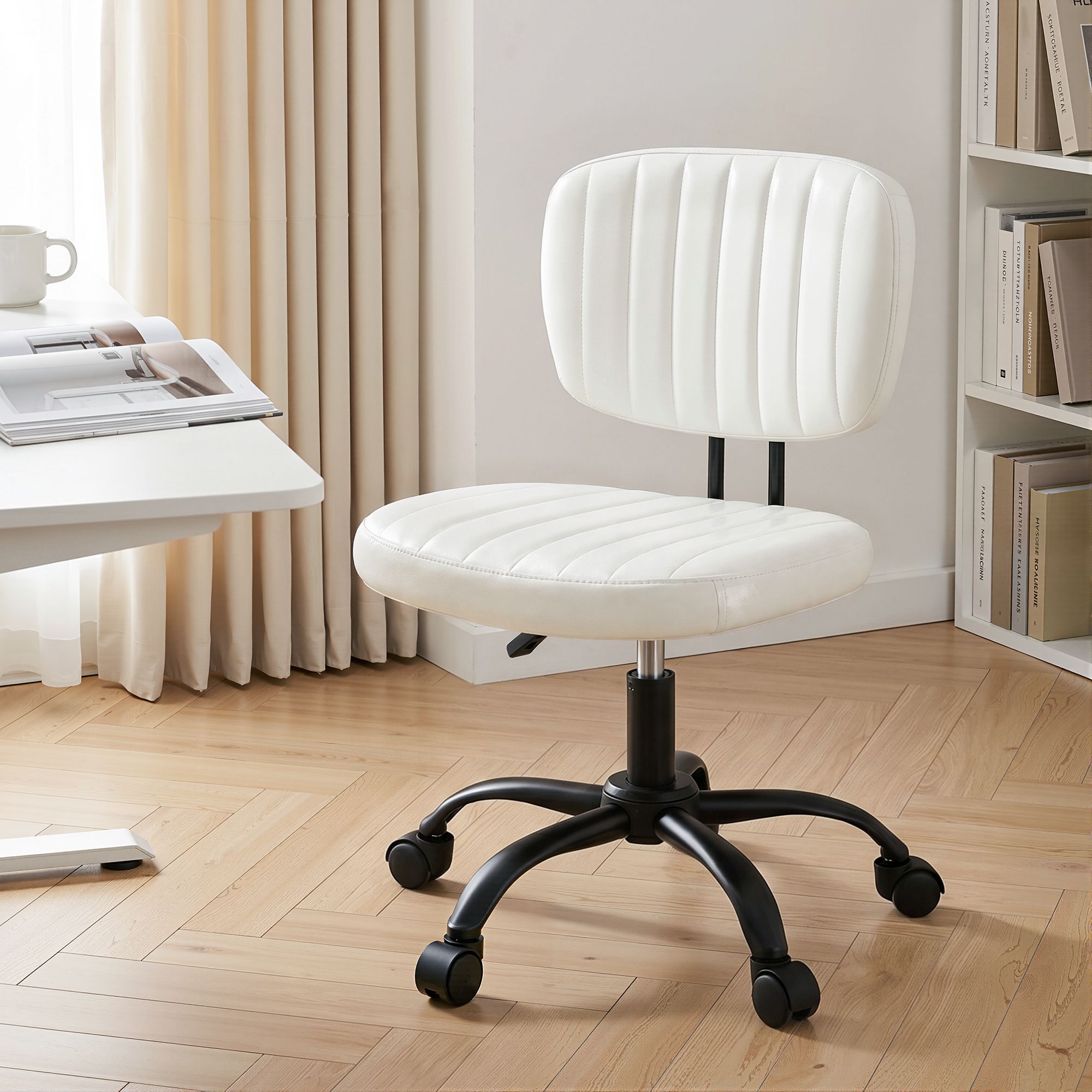 Artiss Armless Office Chair with Wheels, Ergonomic PU Leather Office Desk Chair, Height Adjustable 360Â° Swivel Computer Task Chair for Home Office, Study Room & Small Space, White