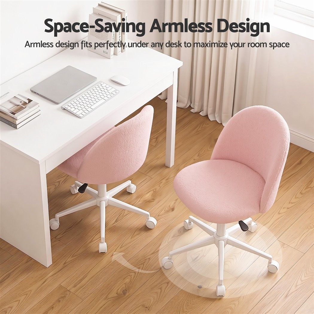 Artiss Office Chair Armless Swivel Vanity Desk Chair with Wheels Teddy Fleece Pink