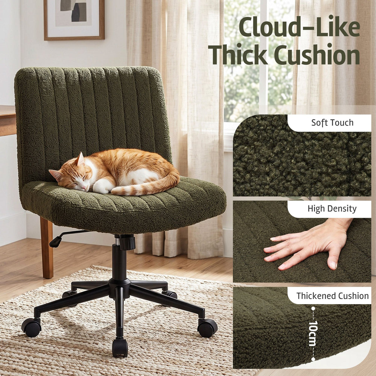 Artiss Armless Cross Legged Office Chair Wide Seat Vanity Chair Teddy Fleece Green