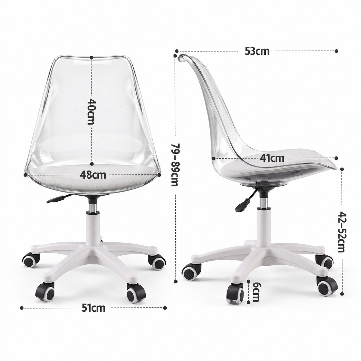Artiss Clear Acrylic Office Chair Armless Swivel Vanity Desk Chair Mondern White