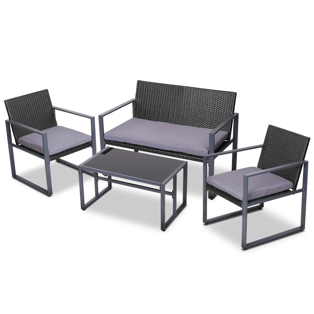 Outdoor Chairs: Gardeon 4 PCS Outdoor Sofa Set Rattan Furniture Glass Top Table Chairs Black