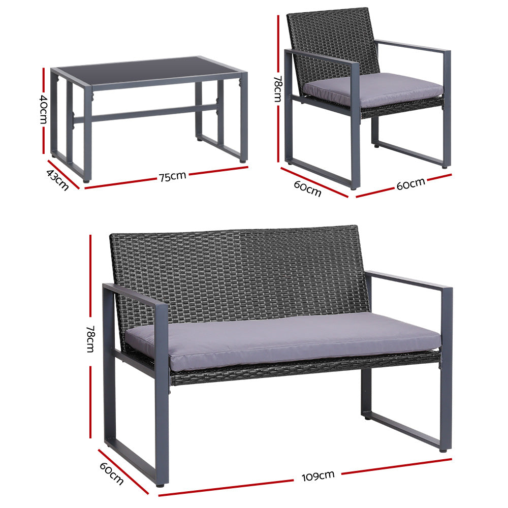 Outdoor Chairs: Gardeon 4 PCS Outdoor Sofa Set Rattan Furniture Glass Top Table Chairs Black