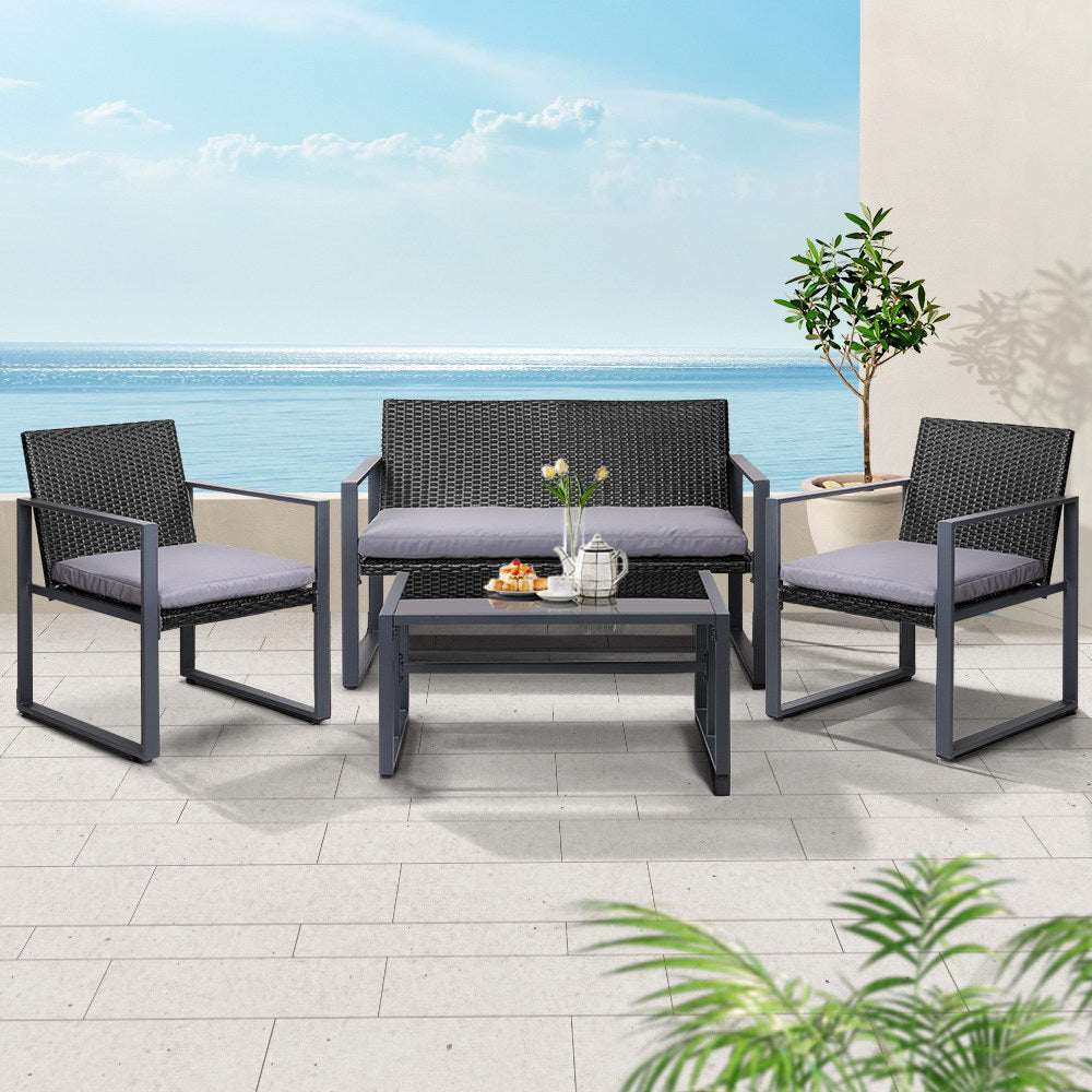 Outdoor Chairs: Gardeon 4 PCS Outdoor Sofa Set Rattan Furniture Glass Top Table Chairs Black