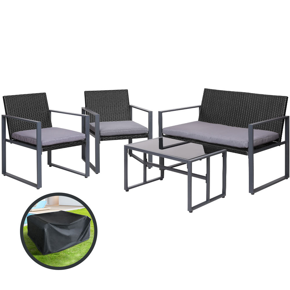 Outdoor Chairs: Gardeon 4 PCS Outdoor Sofa Set Rattan Furniture with Storage Cover Chairs Black