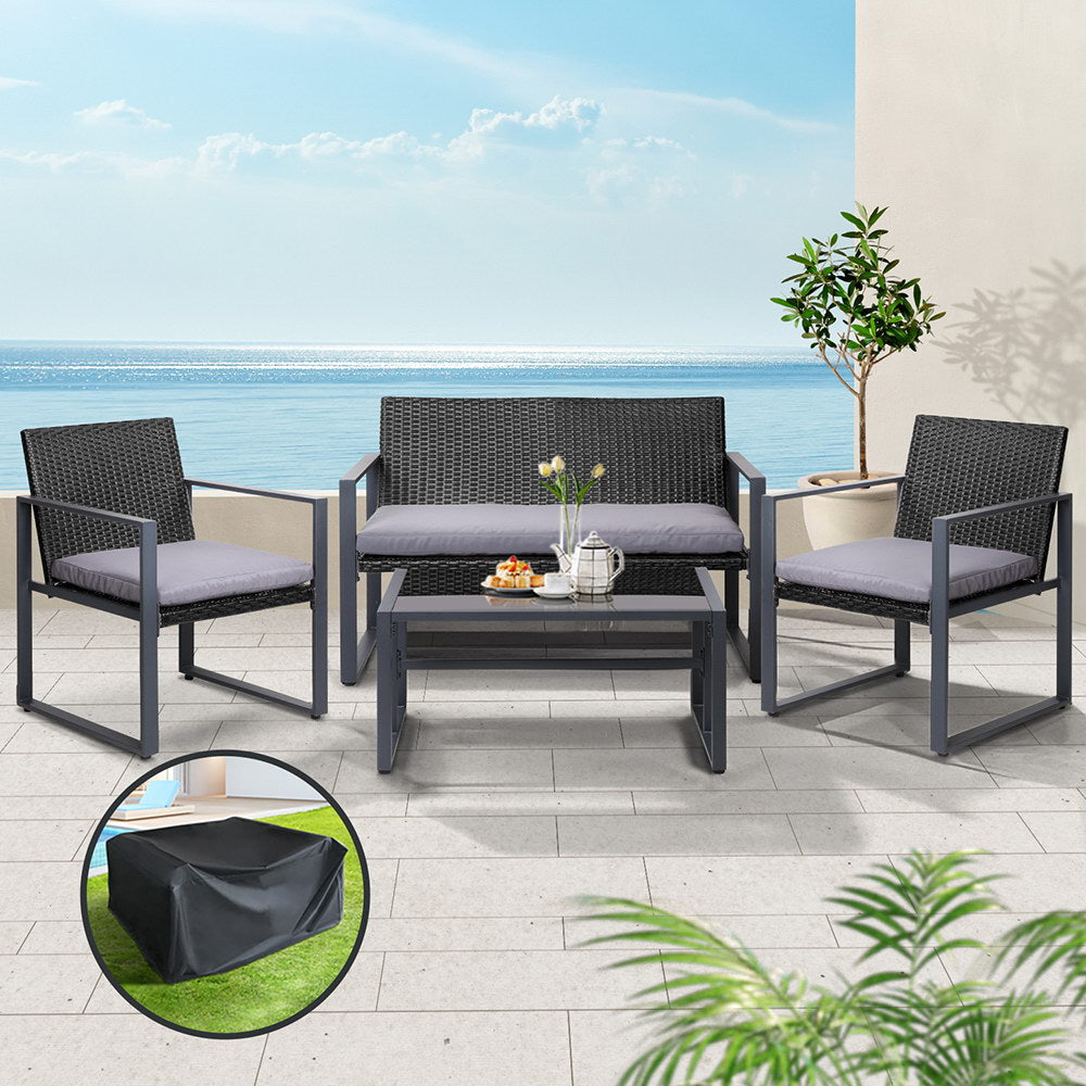 Outdoor Chairs: Gardeon 4 PCS Outdoor Sofa Set Rattan Furniture with Storage Cover Chairs Black