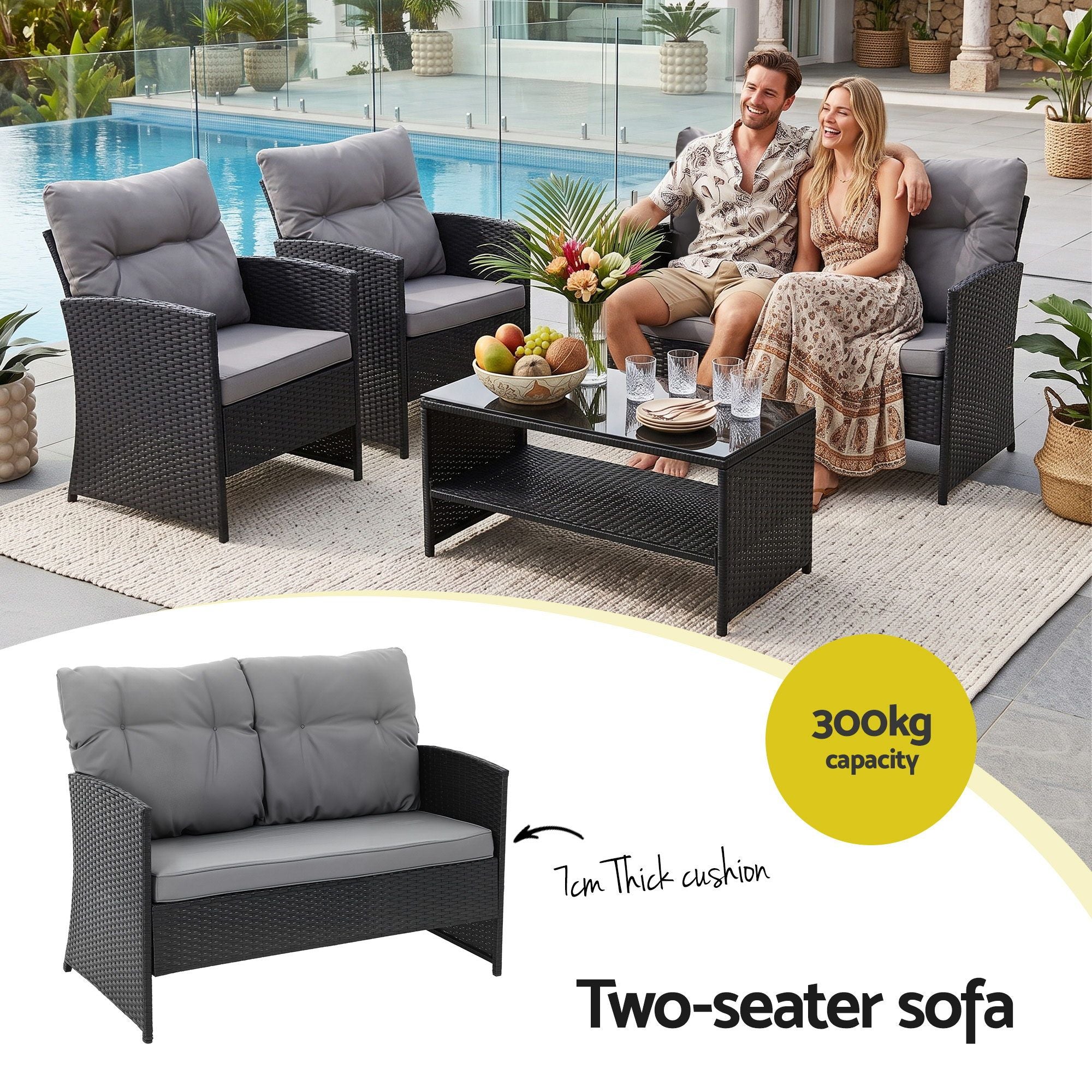Gardeon 4-Piece Outdoor Sofa Set Coffee Table Chair Rattan Furniture Black