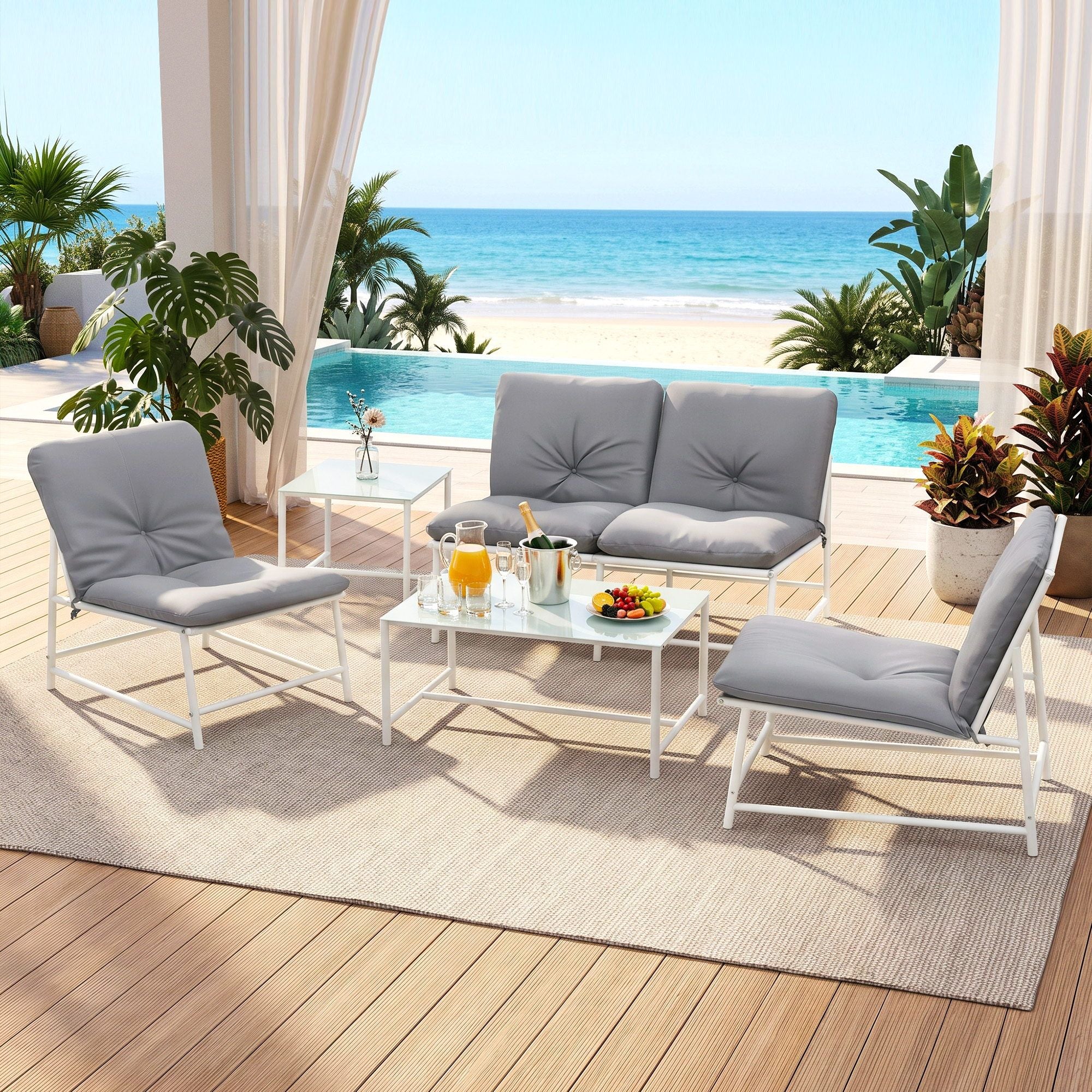 Gardeon 5-Piece Outdoor Sofa Set with Cushions table and Chairs White
