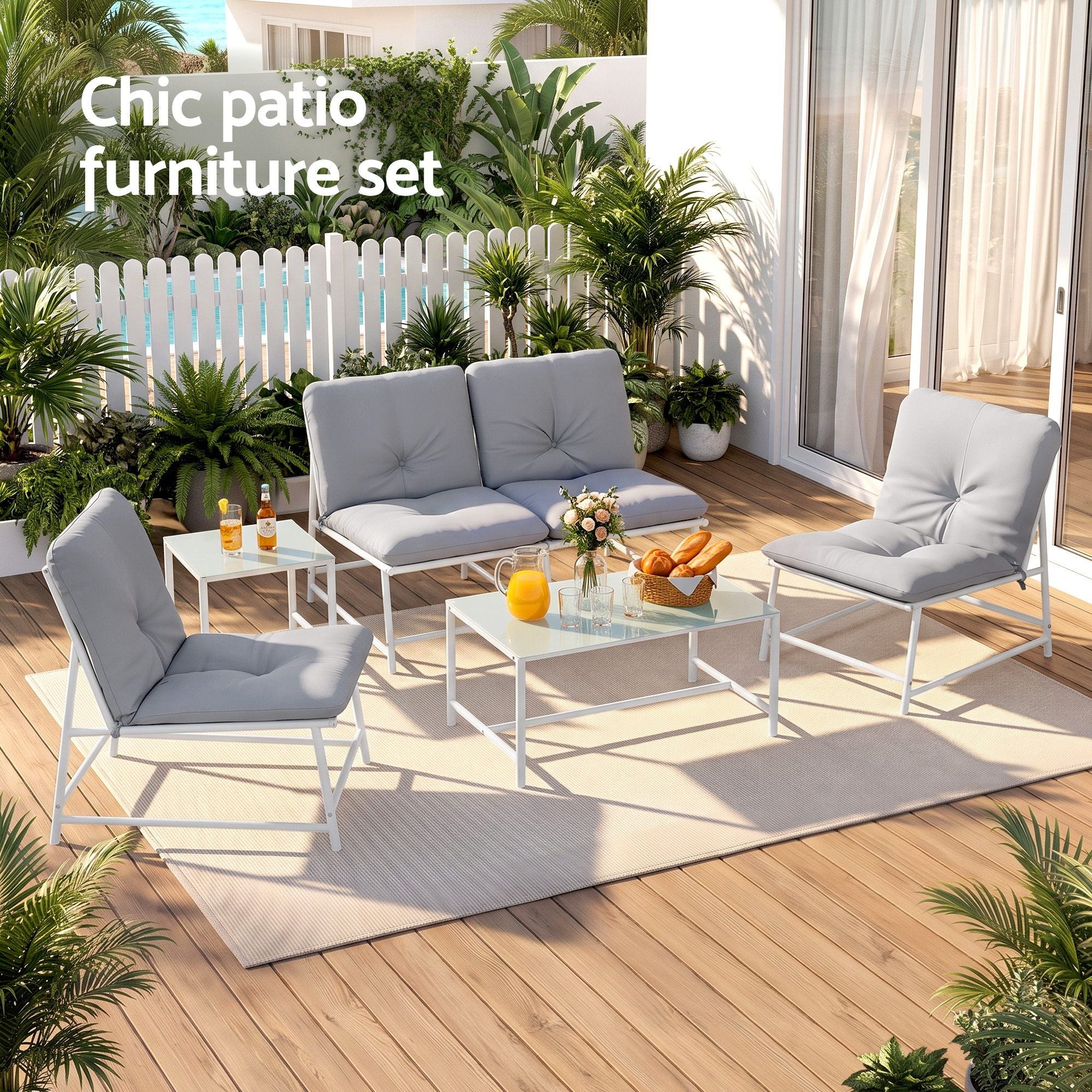 Gardeon 5-Piece Outdoor Sofa Set with Cushions table and Chairs White