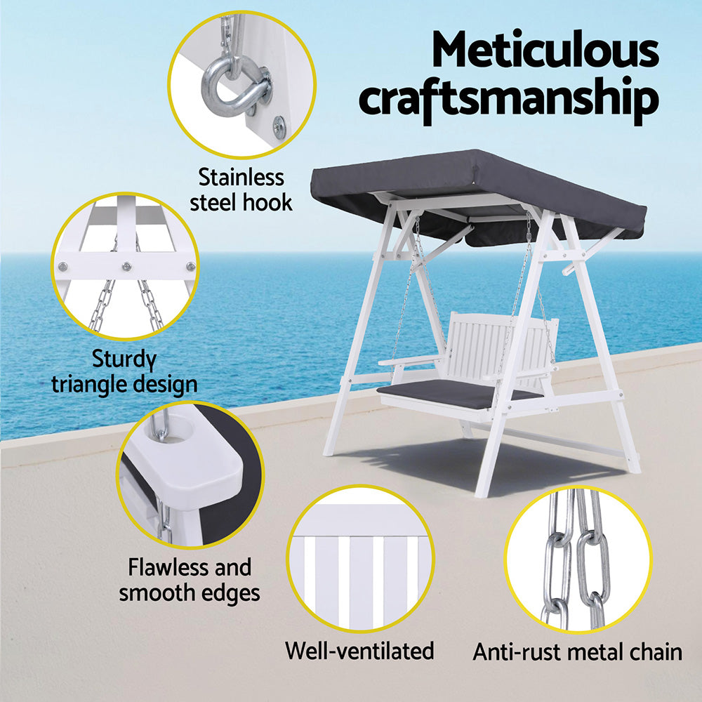 Outdoor Chairs: Gardeon Outdoor Wooden Swing Chair Garden Bench Canopy Cushion 3 Seater White