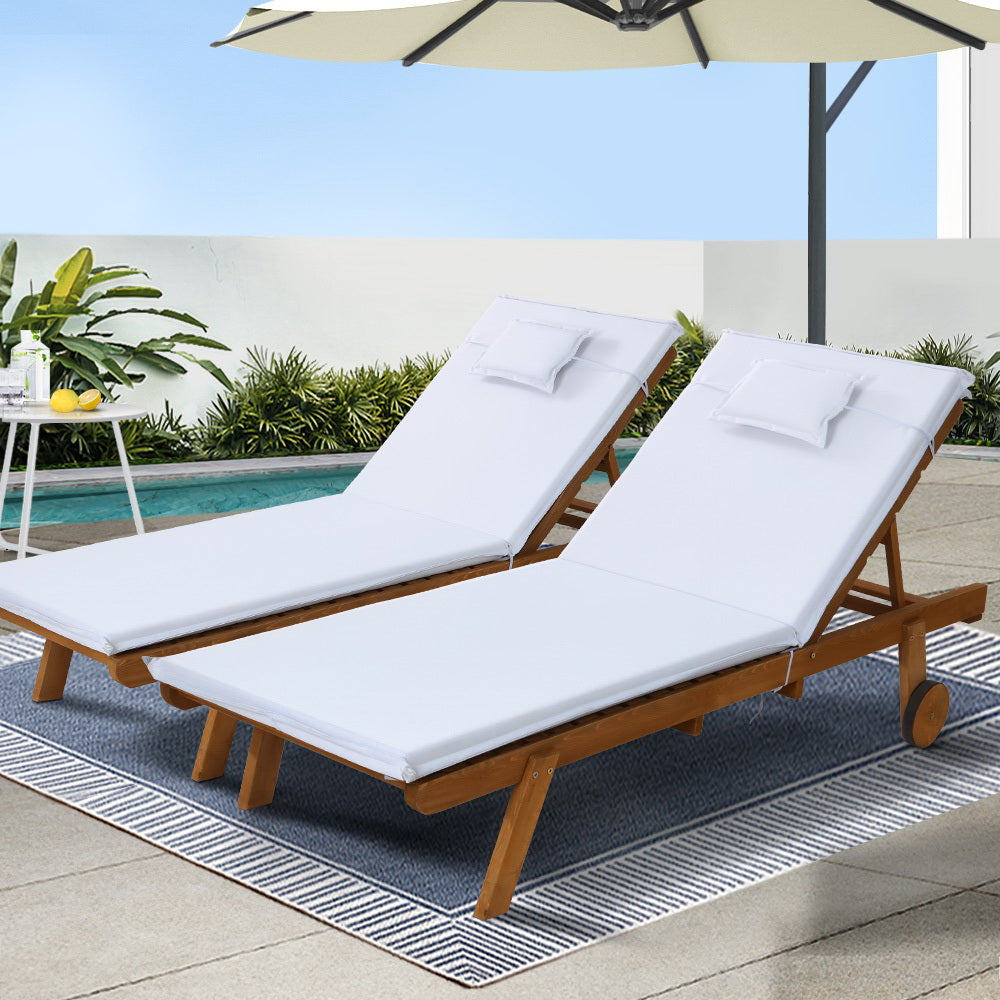 Outdoor Chairs: Gardeon 2x Sun Lounge Wooden Lounger Outdoor Furniture Day Bed Wheel Patio White