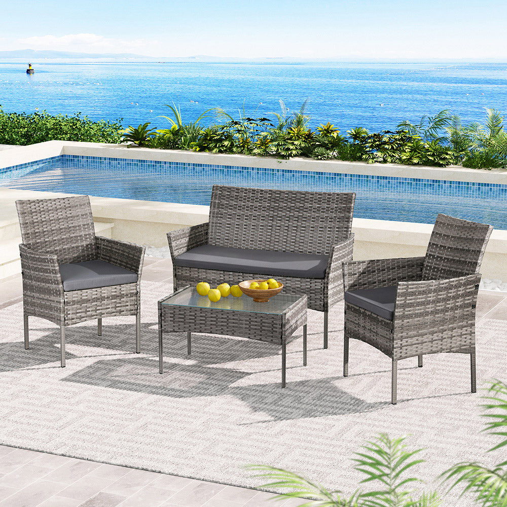 Outdoor Chairs: Gardeon 4 Seater Outdoor Sofa Set Wicker Setting Table Chair Furniture Grey
