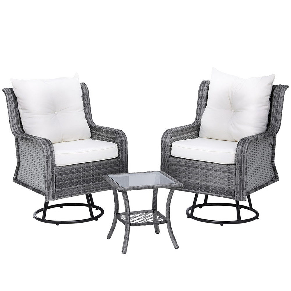 Outdoor Chairs: Gardeon 3PC Outdoor Furniture Bistro Set Lounge Wicker Swivel Chairs Table Cushion Grey