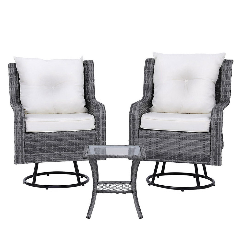 Outdoor Chairs: Gardeon 3PC Outdoor Furniture Bistro Set Lounge Wicker Swivel Chairs Table Cushion Grey