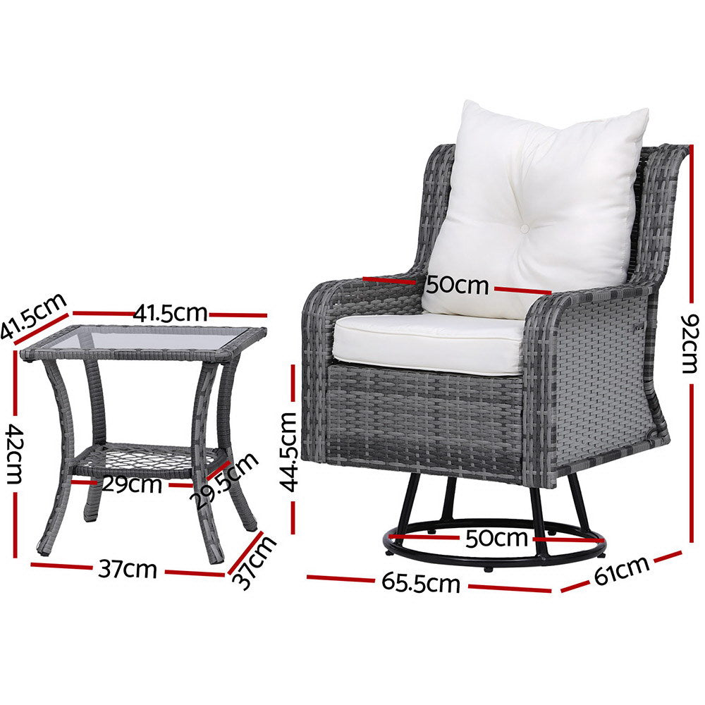 Outdoor Chairs: Gardeon 3PC Outdoor Furniture Bistro Set Lounge Wicker Swivel Chairs Table Cushion Grey
