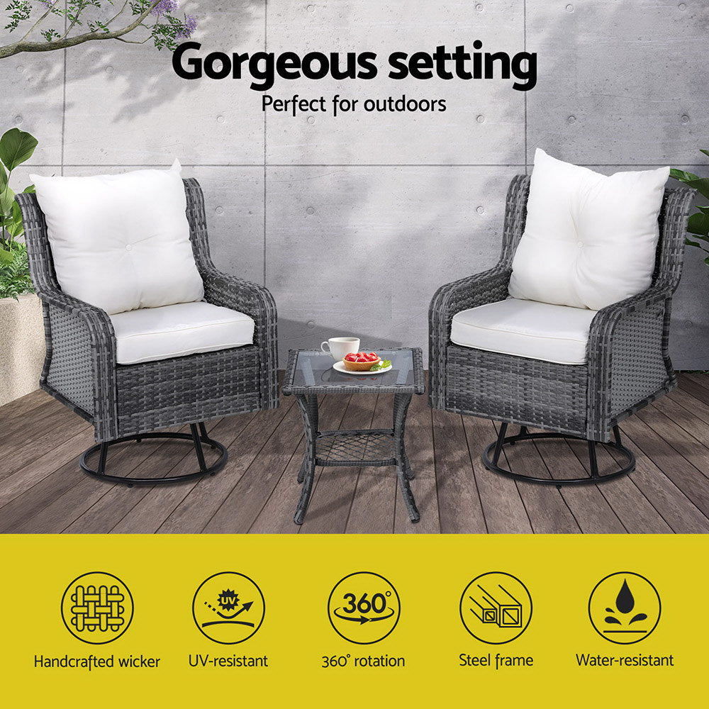 Outdoor Chairs: Gardeon 3PC Outdoor Furniture Bistro Set Lounge Wicker Swivel Chairs Table Cushion Grey