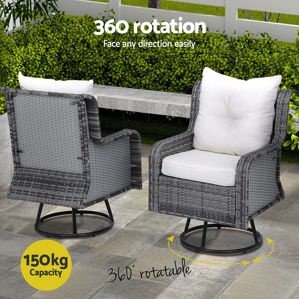 Outdoor Chairs: Gardeon 3PC Outdoor Furniture Bistro Set Lounge Wicker Swivel Chairs Table Cushion Grey