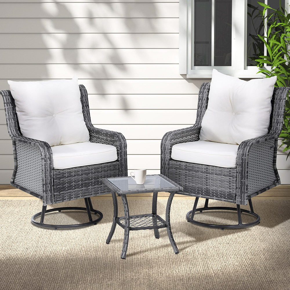 Outdoor Chairs: Gardeon 3PC Outdoor Furniture Bistro Set Lounge Wicker Swivel Chairs Table Cushion Grey