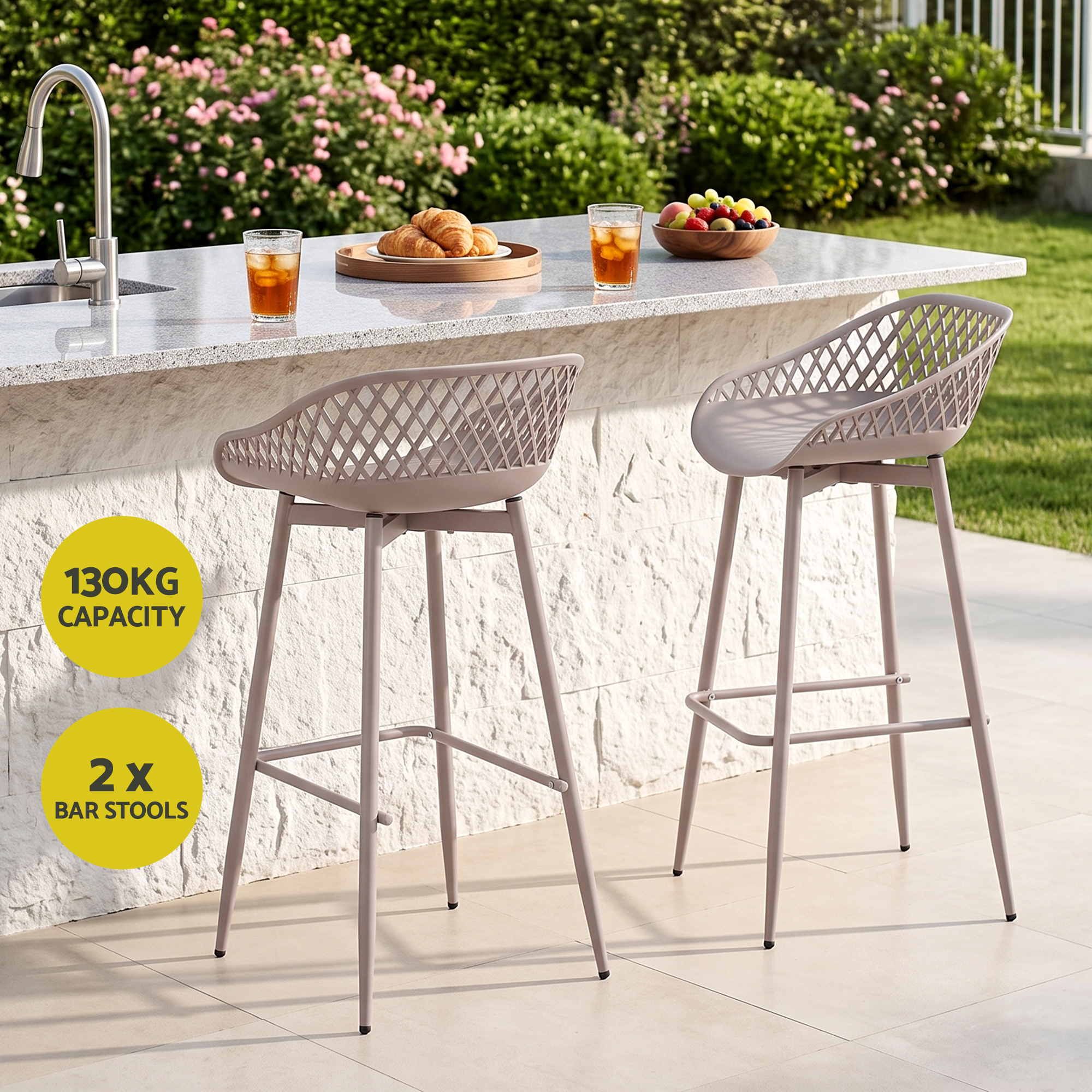 Gardeon 2PC Outdoor Bar Stools Plastic Metal Dining Chair Patio Furniture Coffee