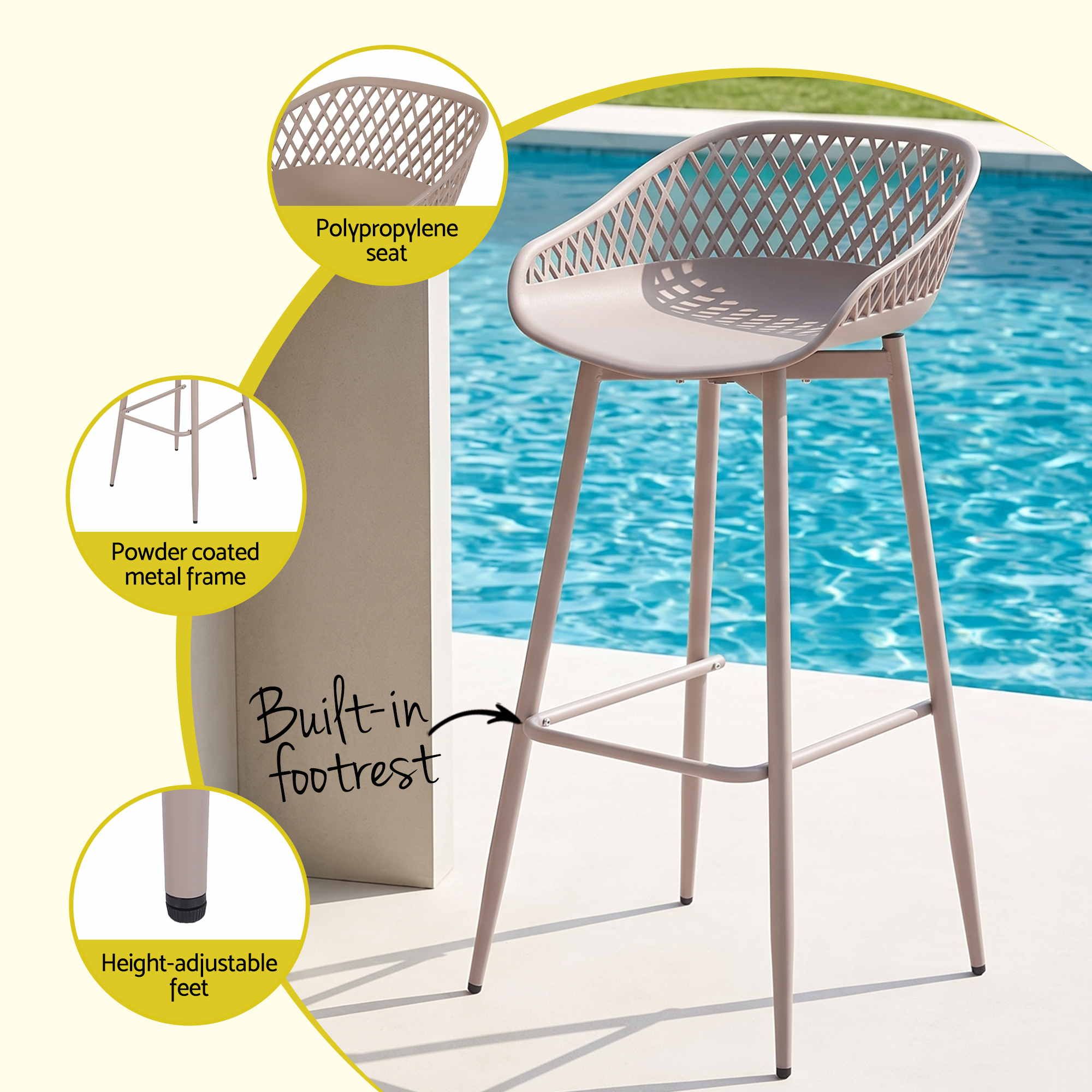 Gardeon 2PC Outdoor Bar Stools Plastic Metal Dining Chair Patio Furniture Coffee