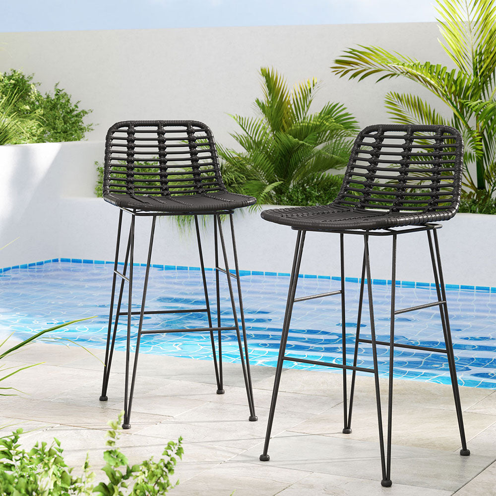 Table & Bar Stools: Gardeon 2x Outdoor Bar Stools Rattan Black