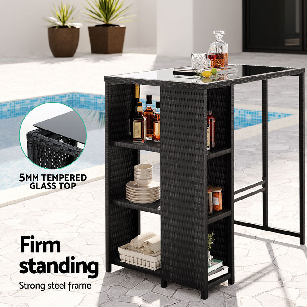 Table & Bar Stools: Gardeon Outdoor Bar Table Wicker Dining Bistro Glass Desk Steel Patio Furniture Black