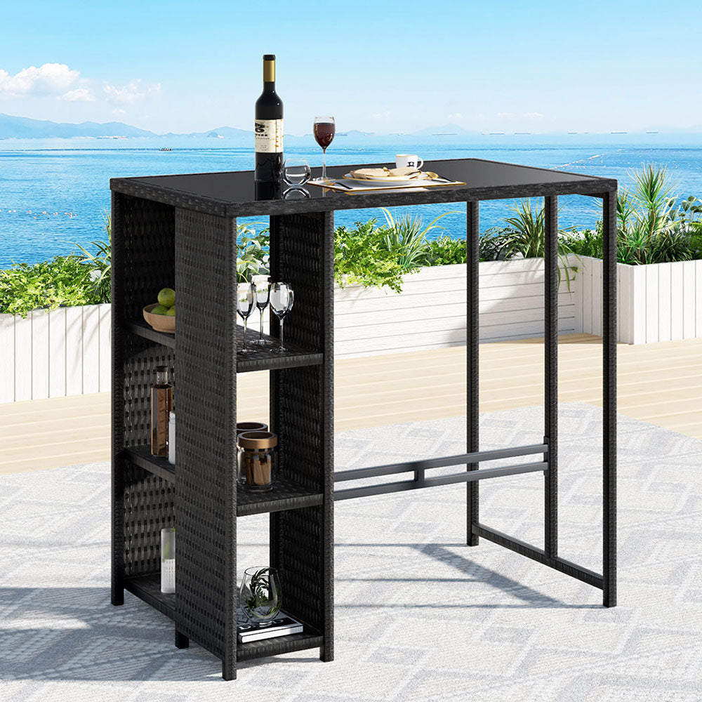Table & Bar Stools: Gardeon Outdoor Bar Table Wicker Dining Bistro Glass Desk Steel Patio Furniture Black