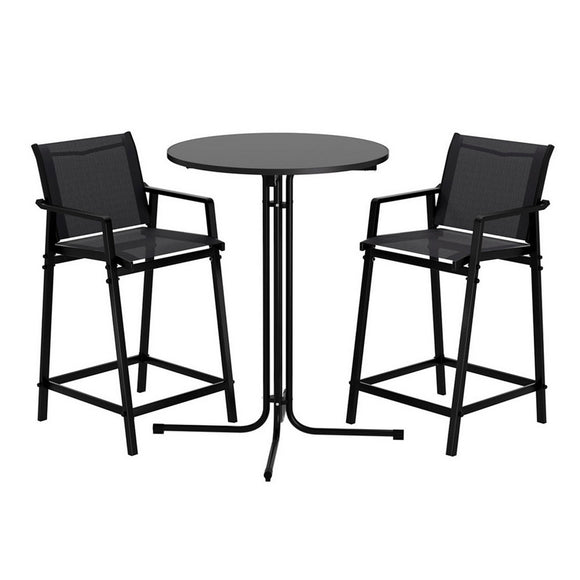 Gardeon 3PC Outdoor Bar Set Stools Dining Chairs Table Patio Furniture Bistro Set Steel Black