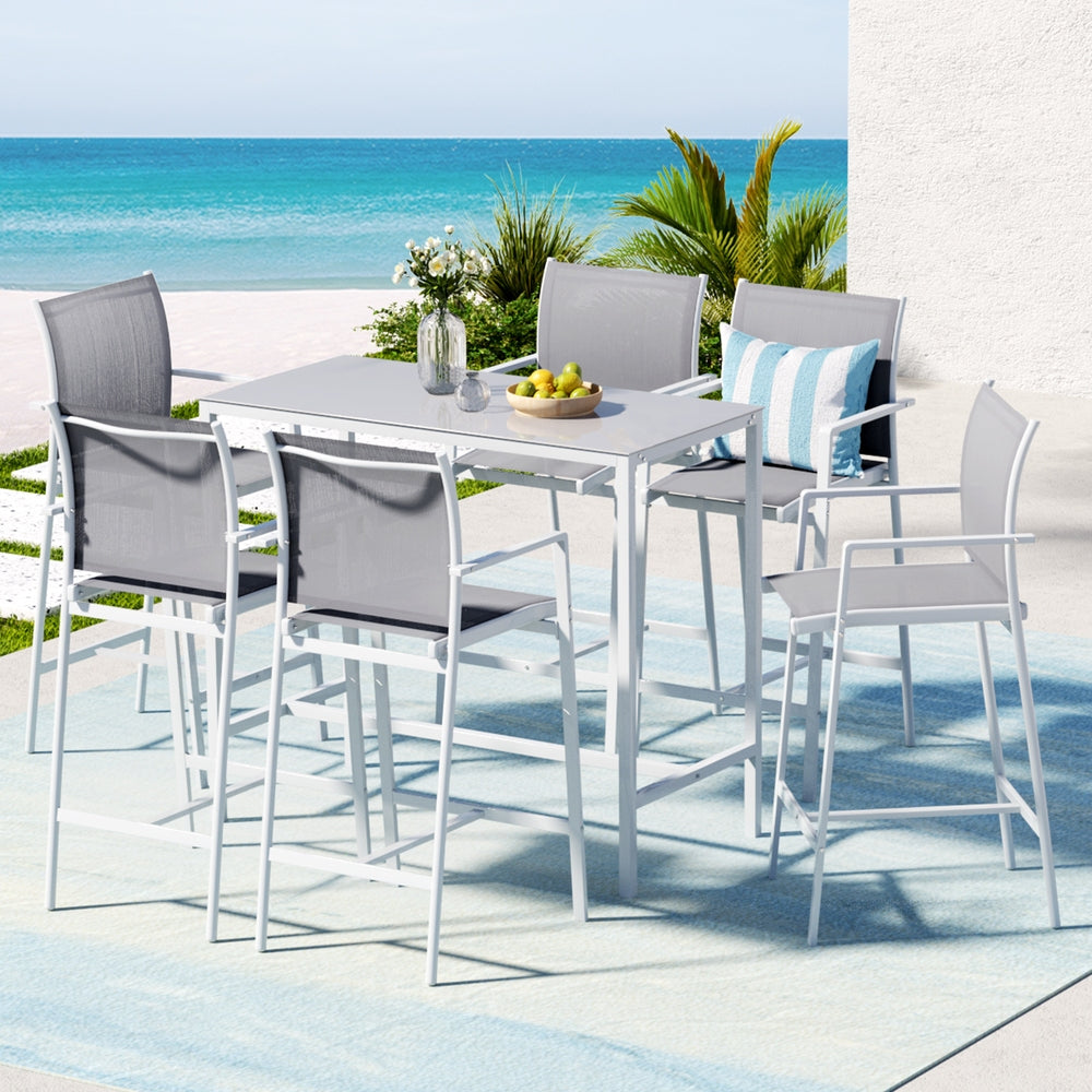 Outdoor Chairs: Gardeon 7PCS Outdoor Bar Set Stools Dining Chairs Table Patio Steel Bistro Set White