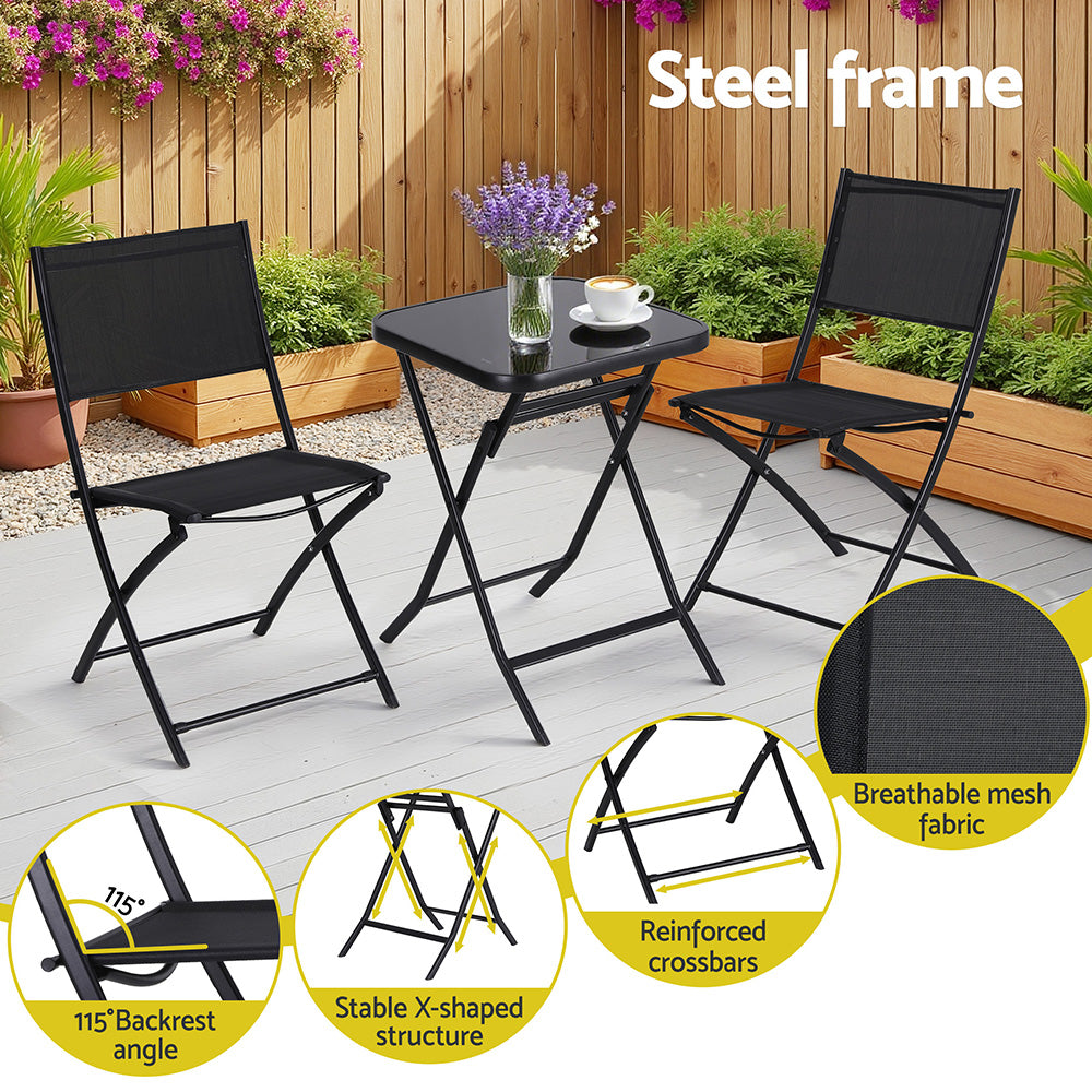 Outdoor Sofas & Lounge Sets: Gardeon Outdoor Bistro Set Folding Table and Chairs Patio Furniture Garden Steel Black