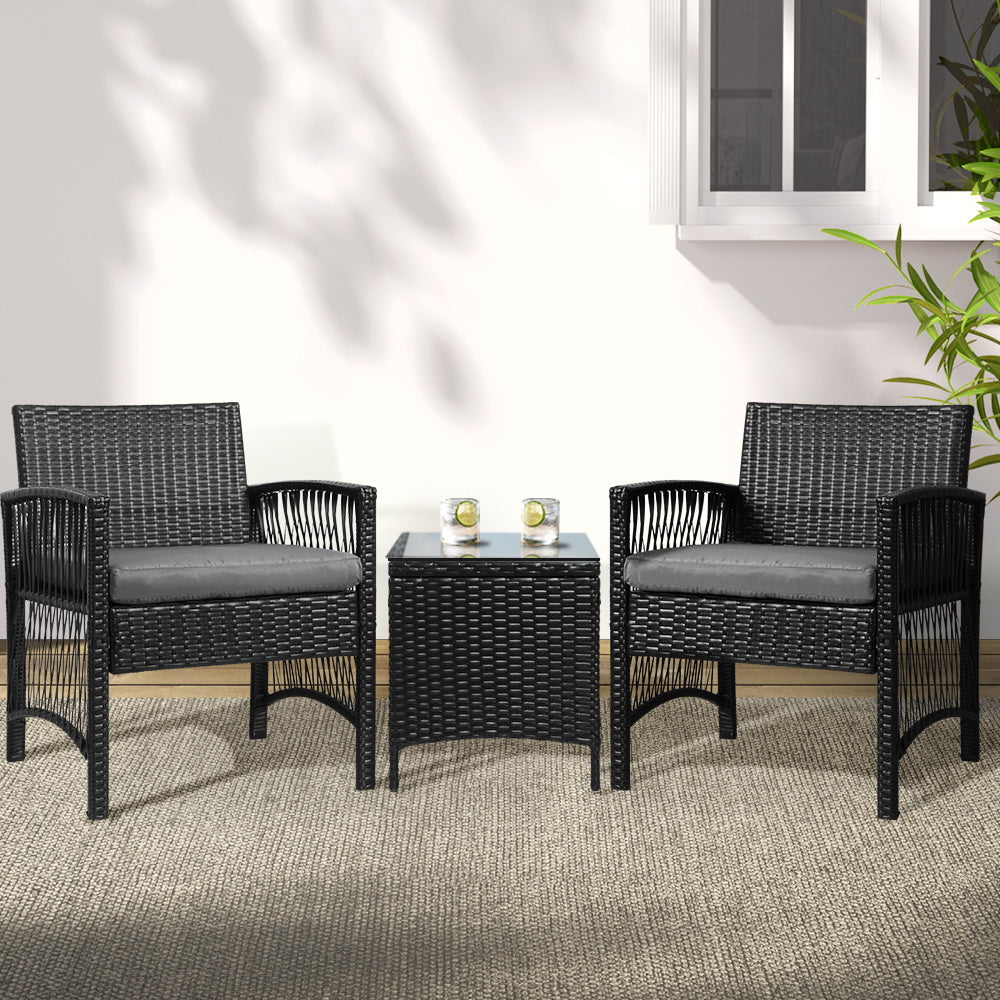 Outdoor Chairs: Gardeon 3PC Outdoor Bistro Set Patio Furniture Wicker Dining Chairs Table Cushion Black