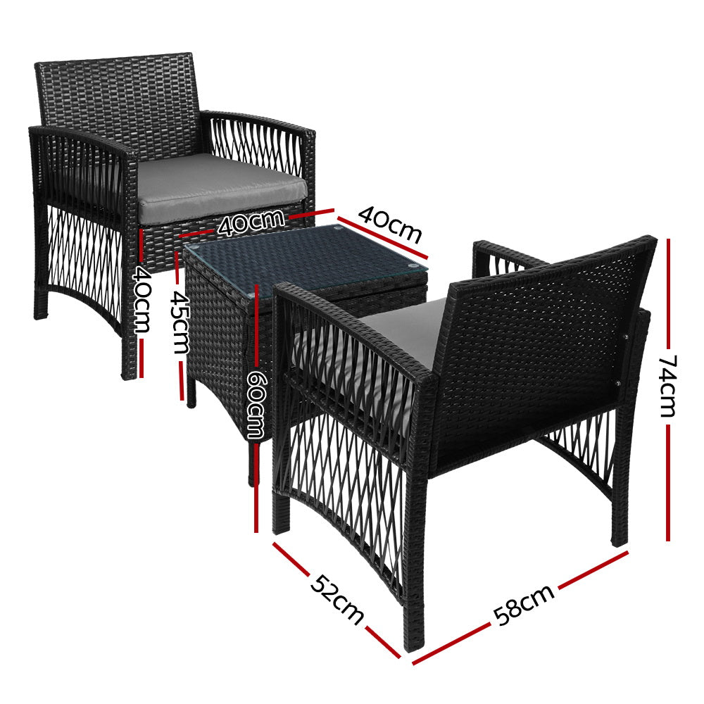 Outdoor Chairs: Gardeon 3PC Outdoor Bistro Set Patio Furniture Wicker Dining Chairs Table Cushion Black