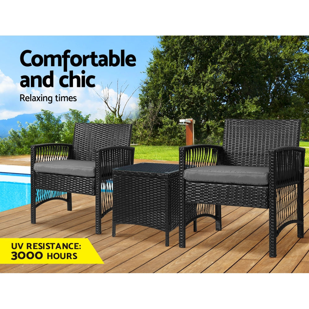 Outdoor Chairs: Gardeon 3PC Outdoor Bistro Set Patio Furniture Wicker Dining Chairs Table Cushion Black