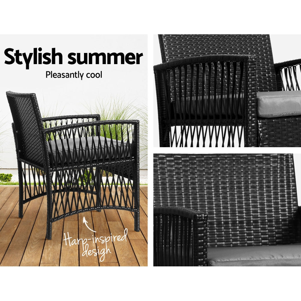 Outdoor Chairs: Gardeon 3PC Outdoor Bistro Set Patio Furniture Wicker Dining Chairs Table Cushion Black