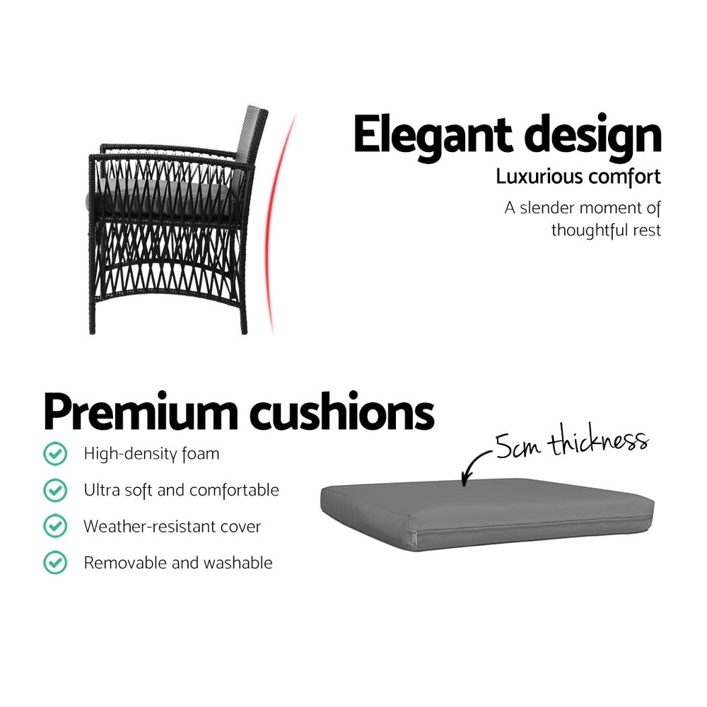 Outdoor Chairs: Gardeon 3PC Outdoor Bistro Set Patio Furniture Wicker Dining Chairs Table Cushion Black