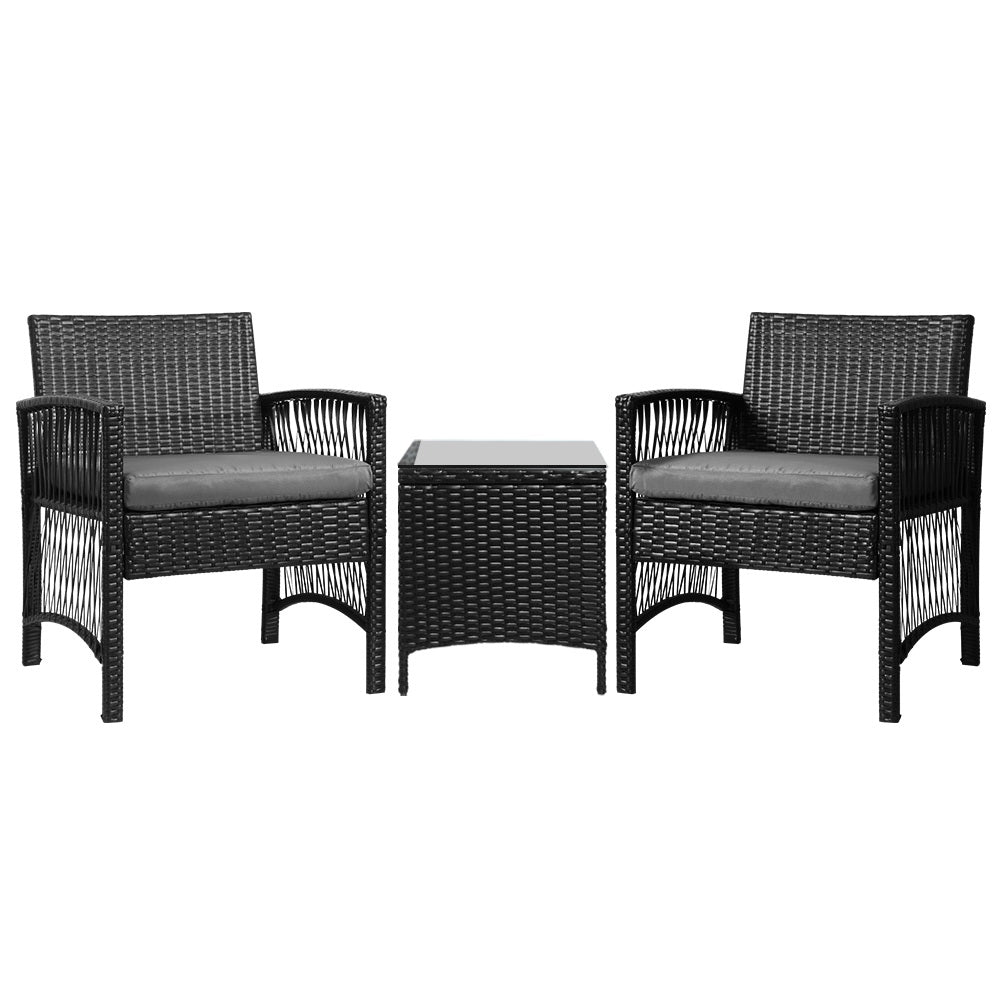 Outdoor Chairs: Gardeon 3PC Outdoor Bistro Set Patio Furniture Wicker Dining Chairs Table Cushion Black