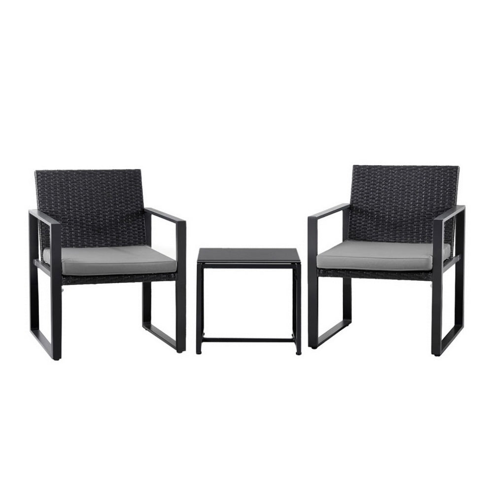 Outdoor Dining Sets: Gardeon 3PC Outdoor Bistro Set Patio Furniture Wicker Dining Chairs Table Cushion Black