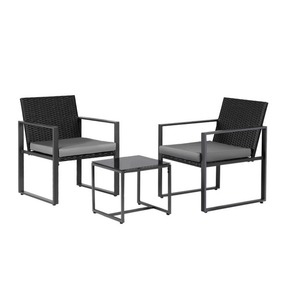 Outdoor Dining Sets: Gardeon 3PC Outdoor Bistro Set Patio Furniture Wicker Dining Chairs Table Cushion Black
