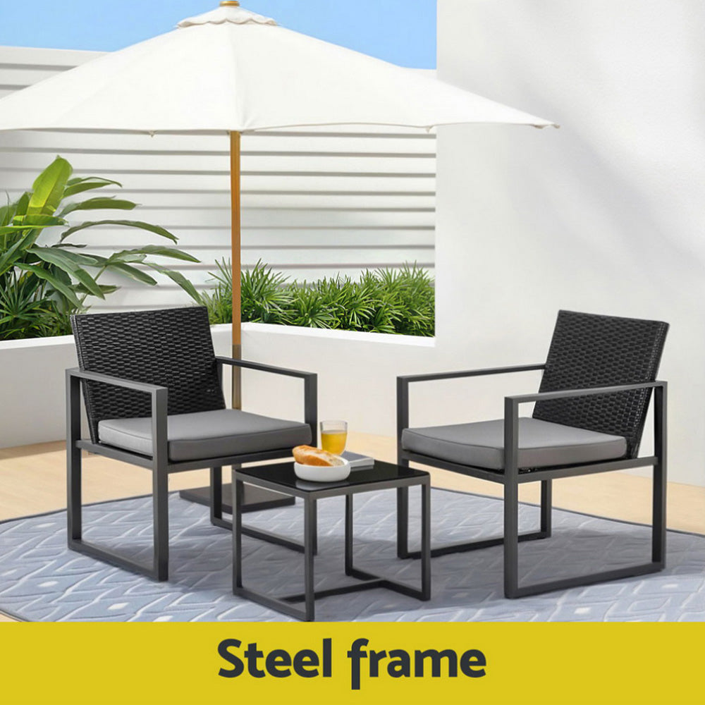 Outdoor Dining Sets: Gardeon 3PC Outdoor Bistro Set Patio Furniture Wicker Dining Chairs Table Cushion Black