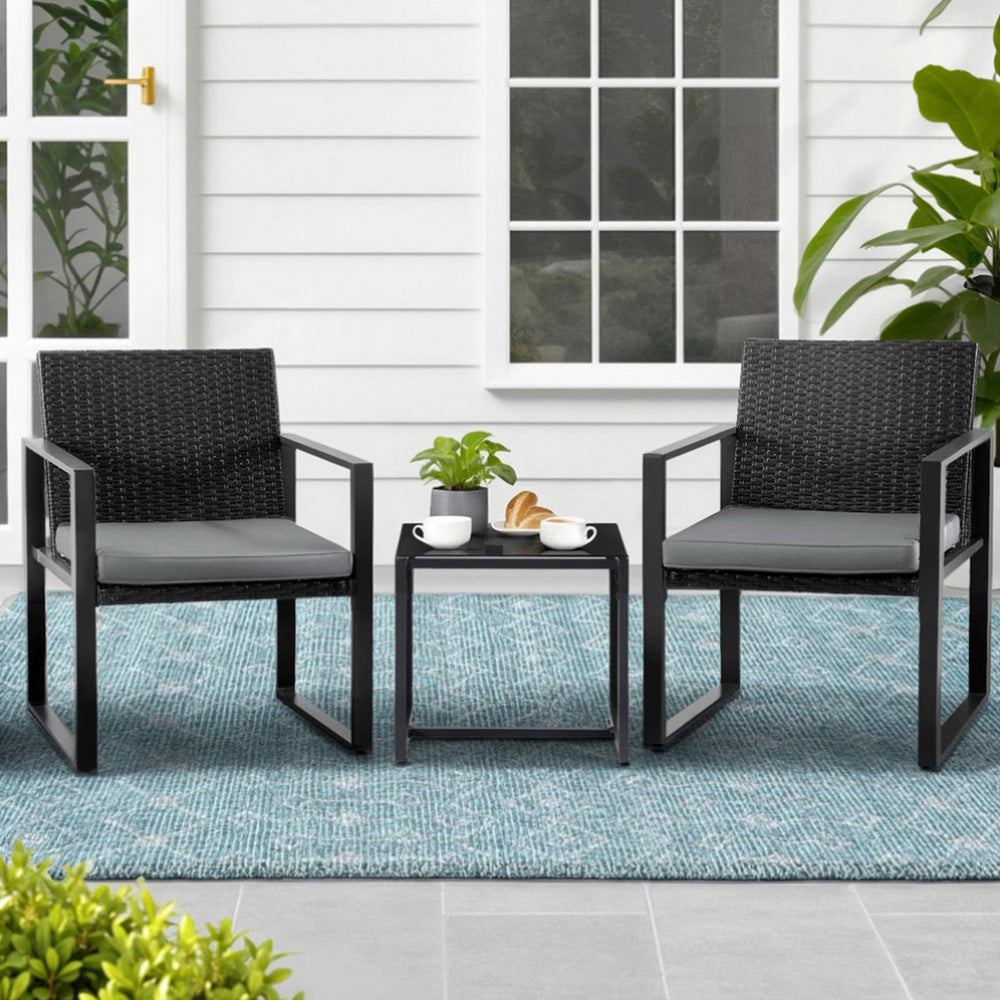 Outdoor Dining Sets: Gardeon 3PC Outdoor Bistro Set Patio Furniture Wicker Dining Chairs Table Cushion Black