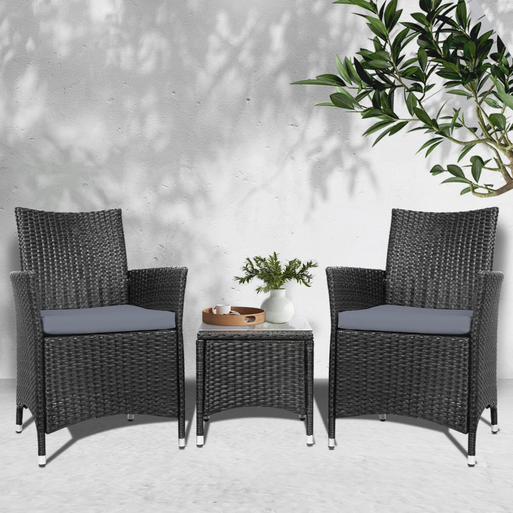 Outdoor Chairs: Gardeon 3PC Outdoor Bistro Set Patio Furniture Wicker Setting Chairs Table Cushion Black