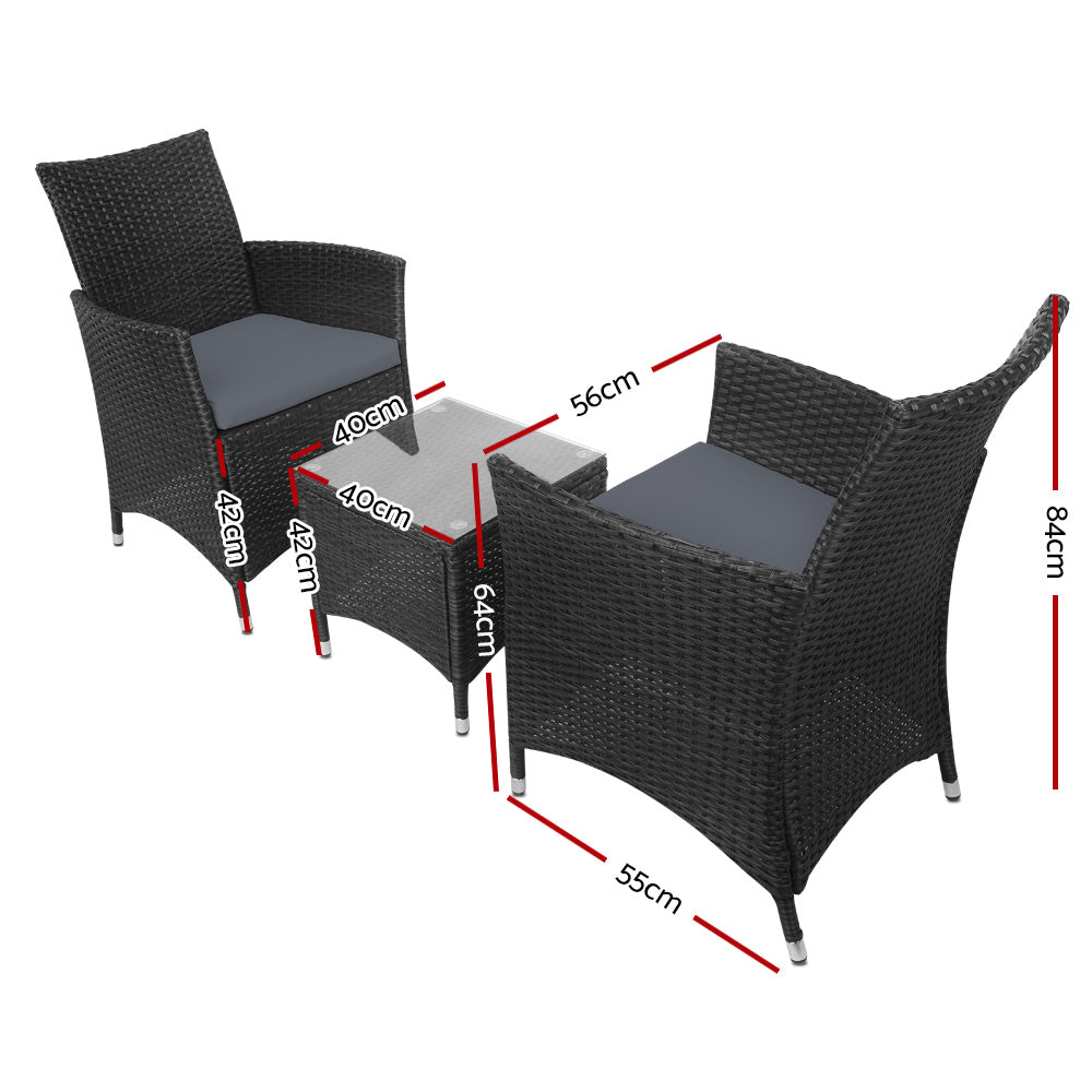 Outdoor Chairs: Gardeon 3PC Outdoor Bistro Set Patio Furniture Wicker Setting Chairs Table Cushion Black