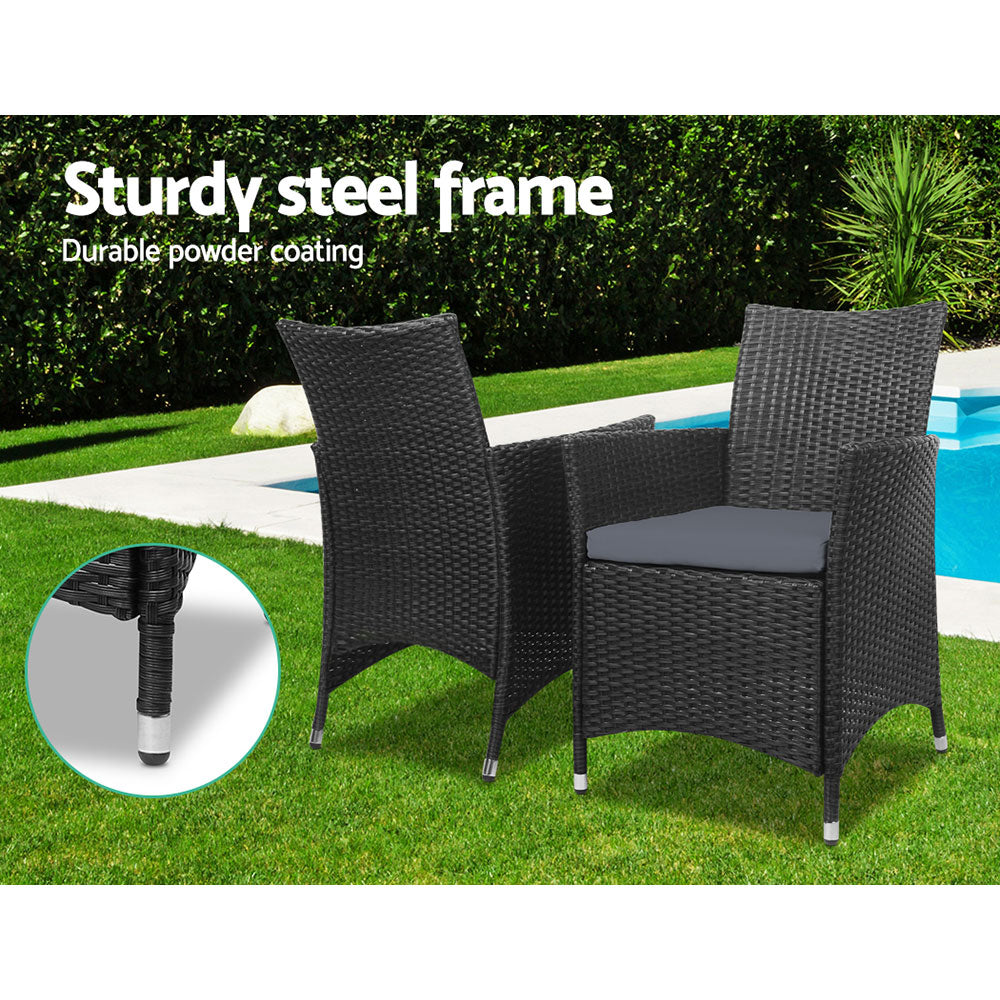 Outdoor Chairs: Gardeon 3PC Outdoor Bistro Set Patio Furniture Wicker Setting Chairs Table Cushion Black