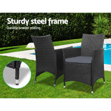 Gardeon 3PC Outdoor Bistro Set Patio Furniture Wicker Setting Chairs Table Cushion Black