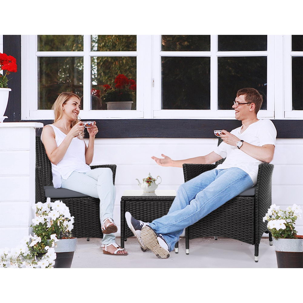 Outdoor Chairs: Gardeon 3PC Outdoor Bistro Set Patio Furniture Wicker Setting Chairs Table Cushion Black