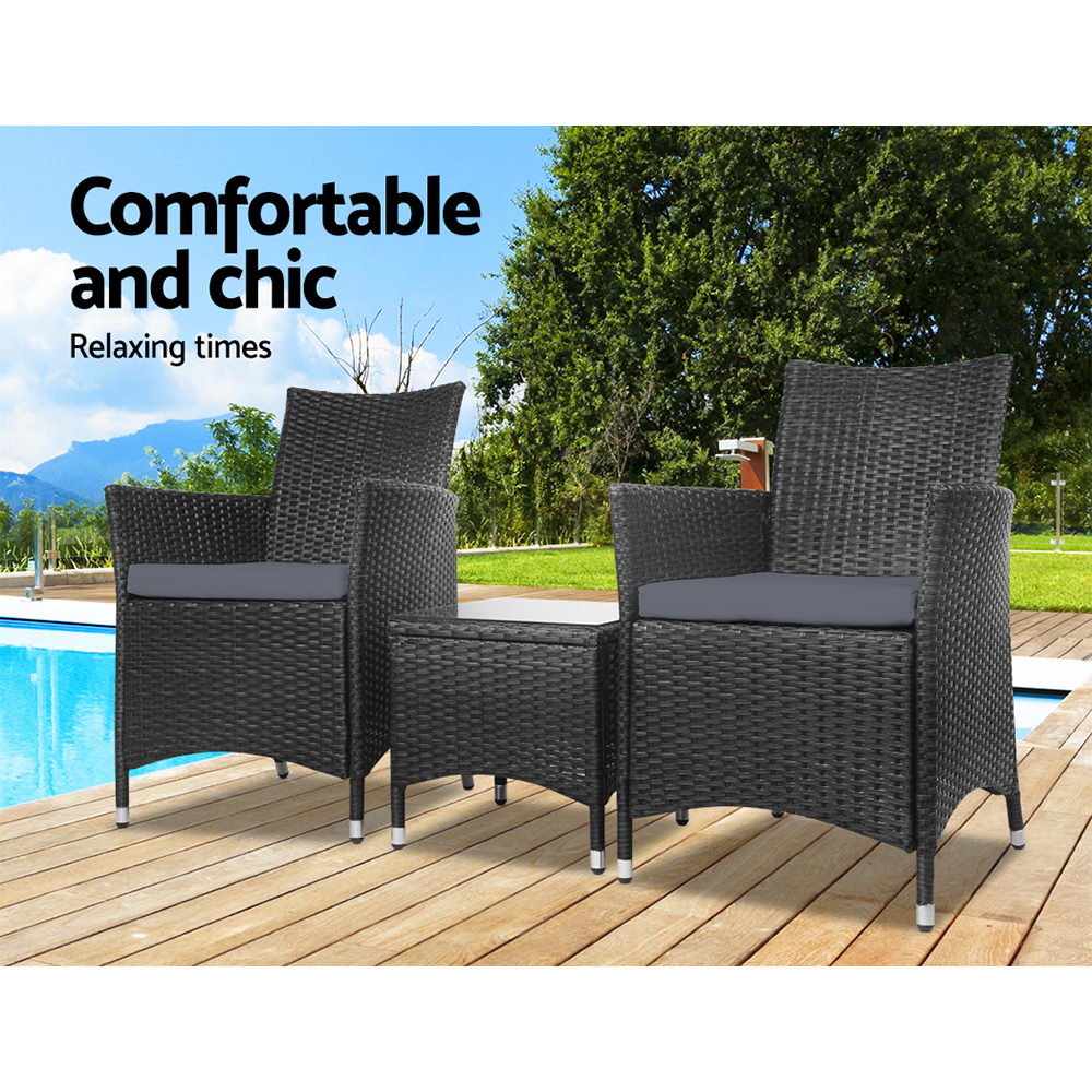 Outdoor Chairs: Gardeon 3PC Outdoor Bistro Set Patio Furniture Wicker Setting Chairs Table Cushion Black