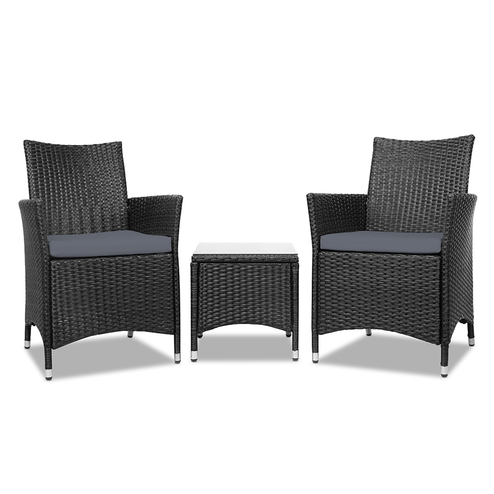 Outdoor Chairs: Gardeon 3PC Outdoor Bistro Set Patio Furniture Wicker Setting Chairs Table Cushion Black
