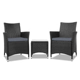 Gardeon 3PC Outdoor Bistro Set Patio Furniture Wicker Setting Chairs Table Cushion Black