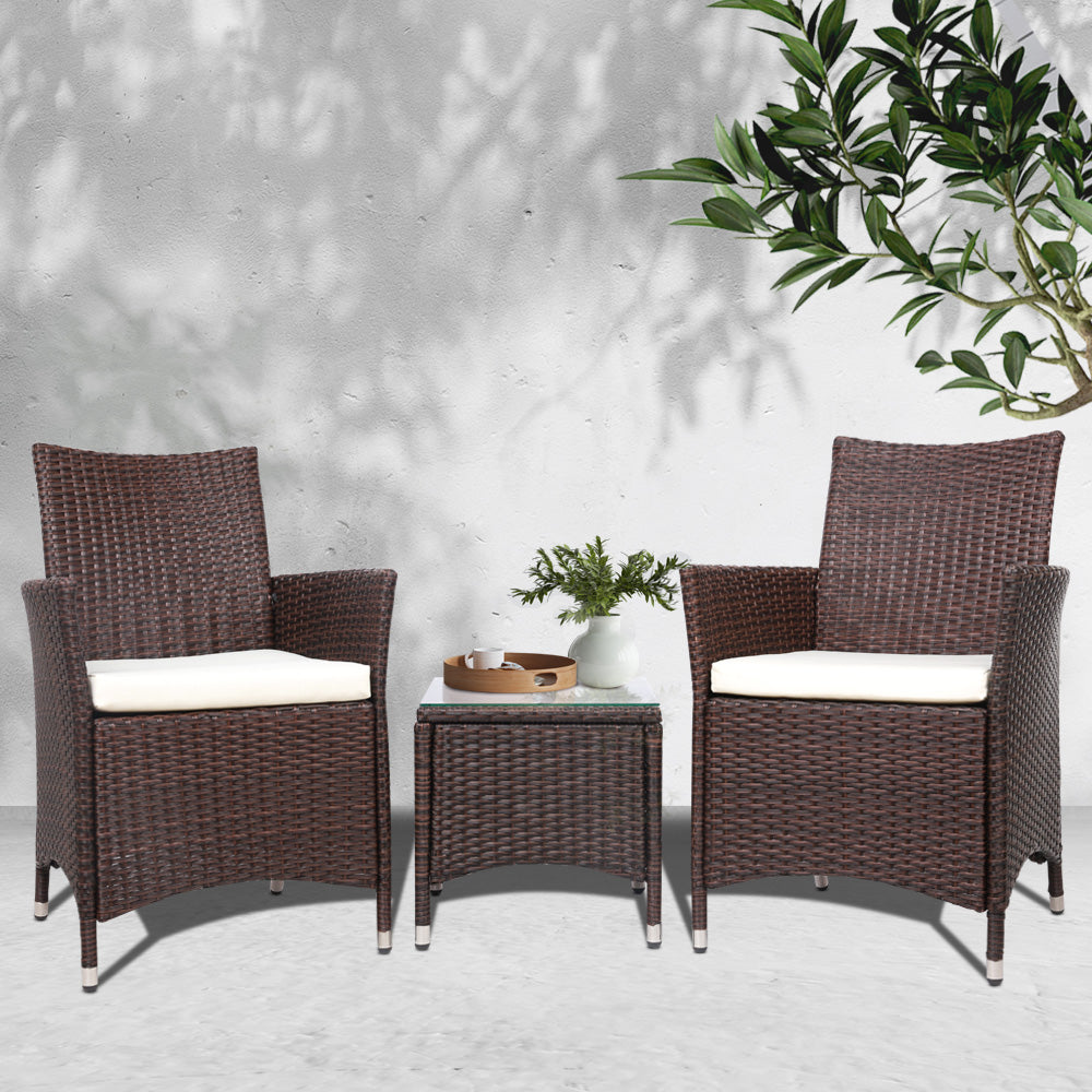 Outdoor Chairs: Gardeon 3PC Outdoor Bistro Set Patio Furniture Wicker Setting Chairs Table Cushion Brown